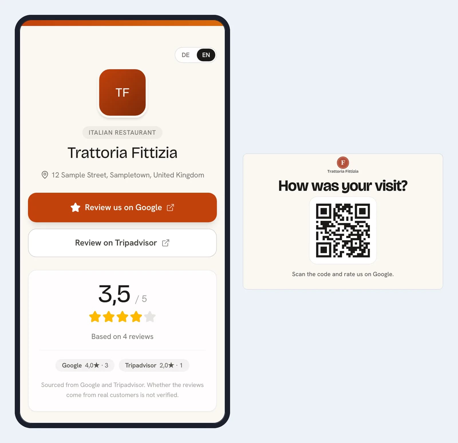 Review page of a sample restaurant on a phone, with buttons to Google and Tripadvisor, next to a table stand with a QR code