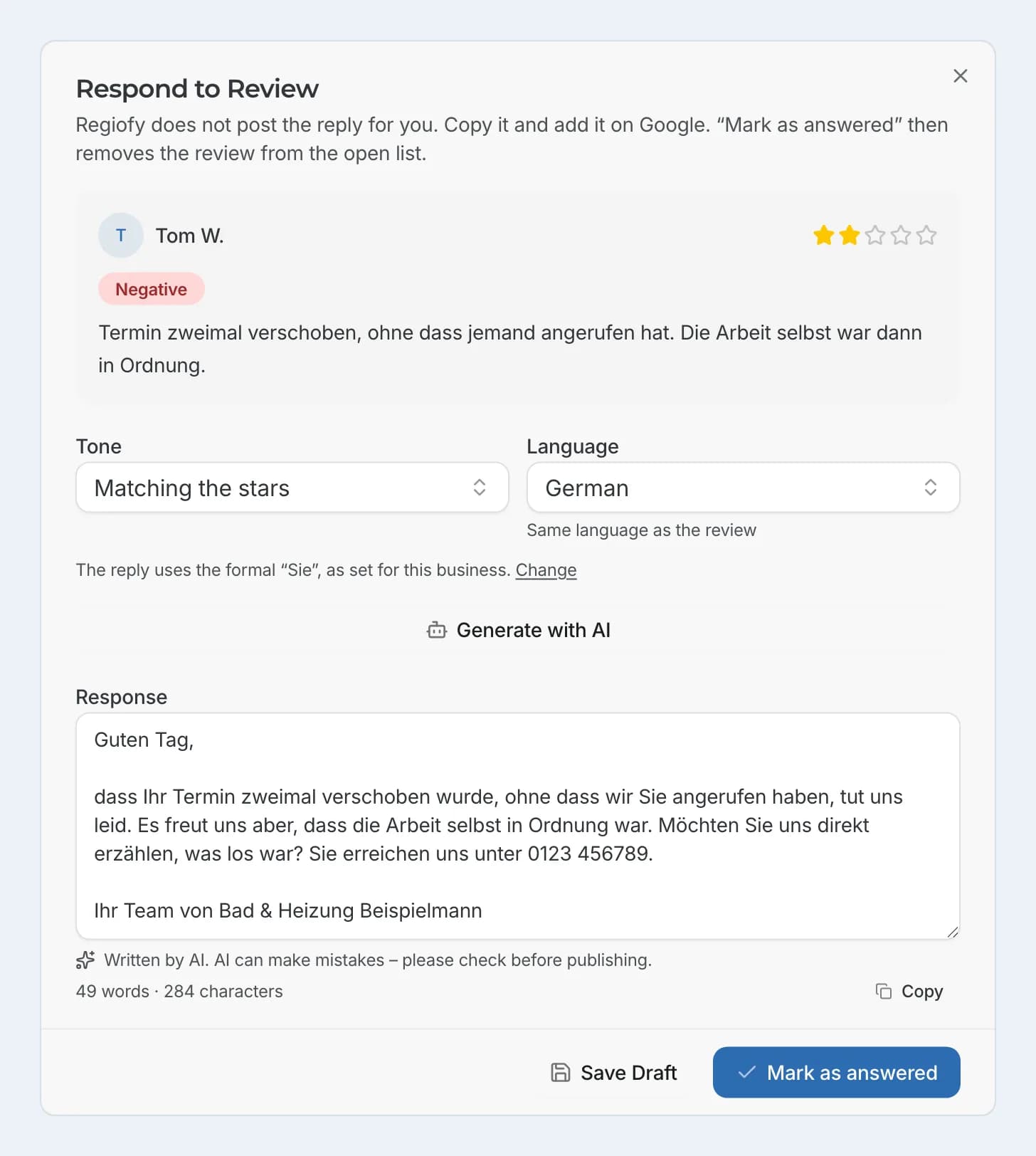Reply window with an AI draft for a 2-star review