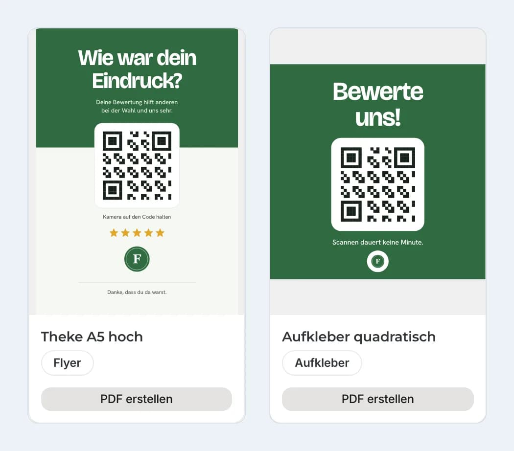 Vorlagen-Galerie in Regiofy mit Theken-Aufsteller und quadratischem Aufkleber für einen Beispiel-Fahrradladen