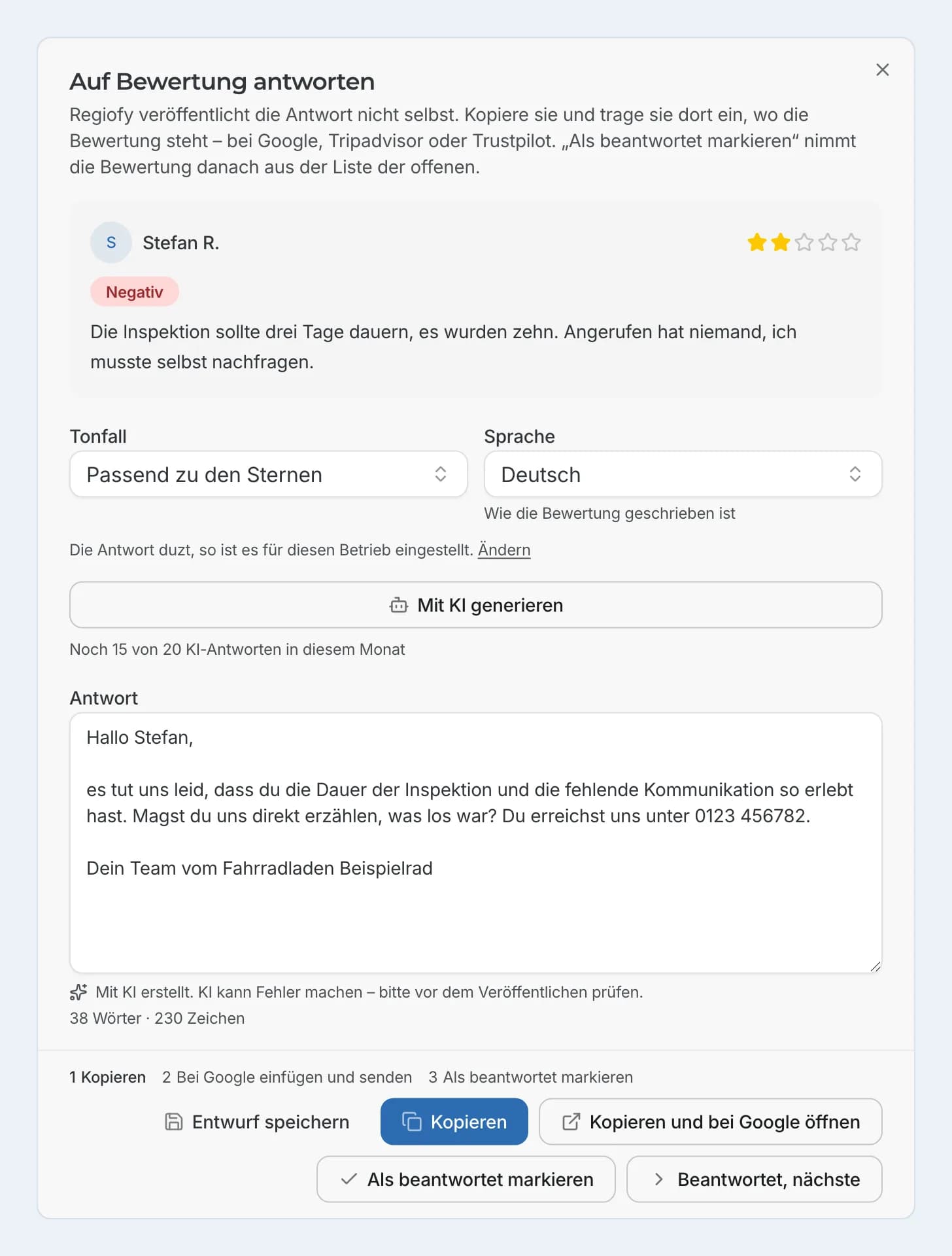 Antwortdialog in Regiofy mit du-Anrede zu einer 2-Sterne-Bewertung über eine lange Reparatur