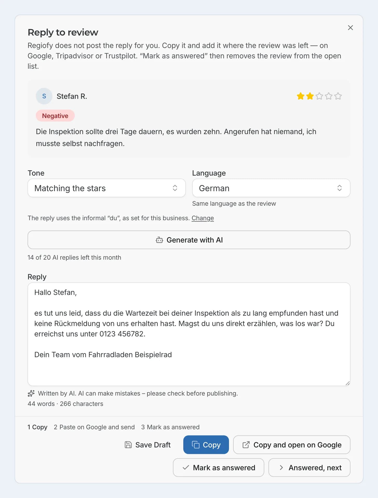 Reply dialog in Regiofy for a two-star review about a long repair