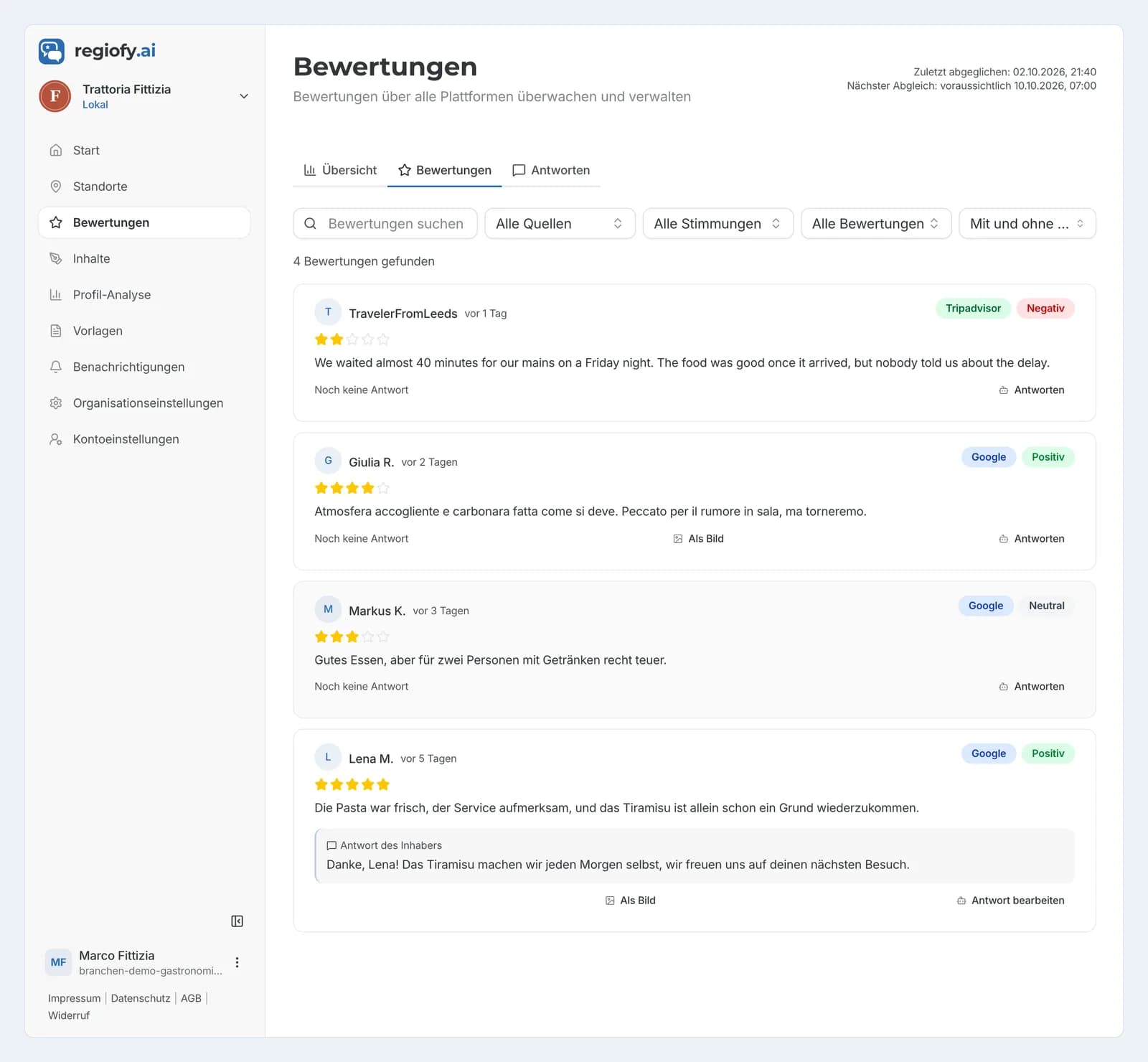 Liste mit Bewertungen von Google und Tripadvisor für ein Beispiel-Restaurant