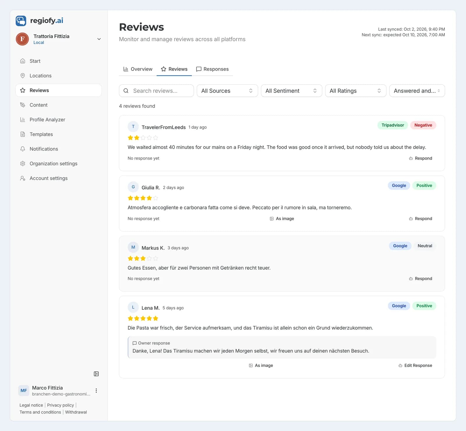 List of Google and Tripadvisor reviews for a sample restaurant