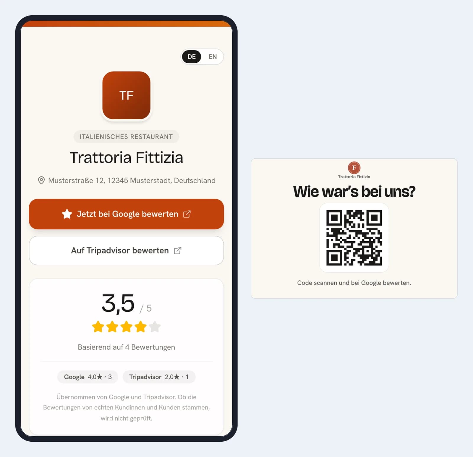 Bewertungsseite eines Beispiel-Restaurants auf dem Handy, mit Knöpfen zu Google und Tripadvisor, daneben ein Tischaufsteller mit QR-Code