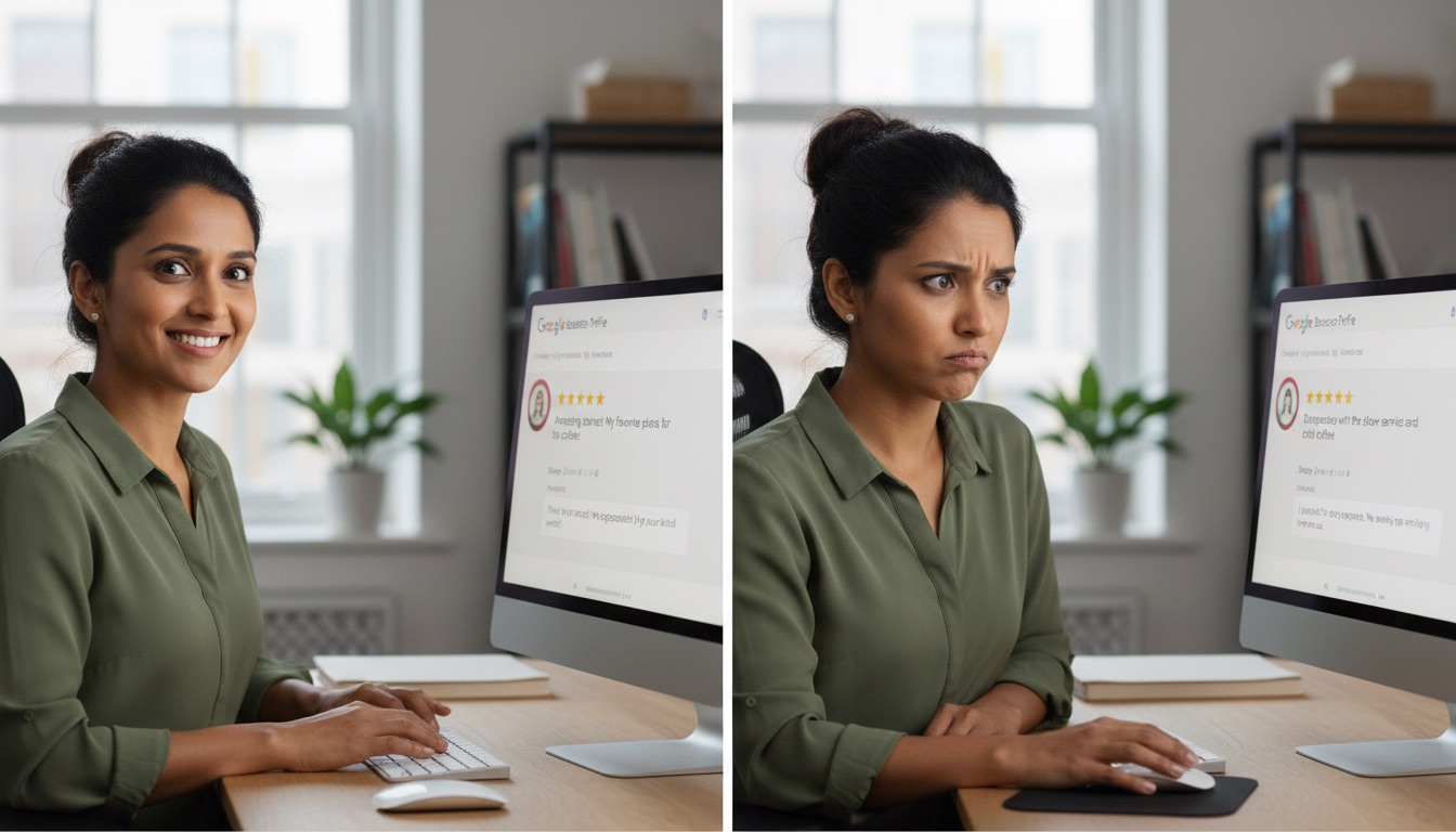 Ein Unternehmer antwortet sachlich auf positive und negative Google-Bewertungen