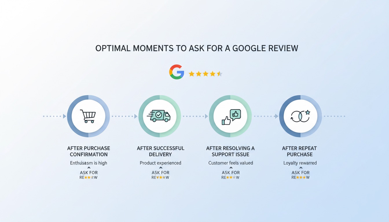 Zeitleiste mit den besten Momenten für die Bitte um eine Google-Bewertung entlang der Kundenreise