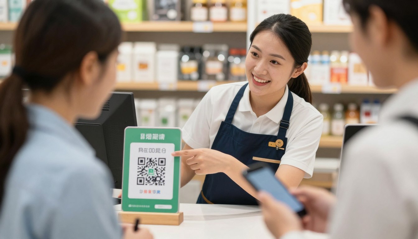 Ein Mitarbeiter zeigt einem Kunden, wie er den QR-Code für eine Bewertung scannt
