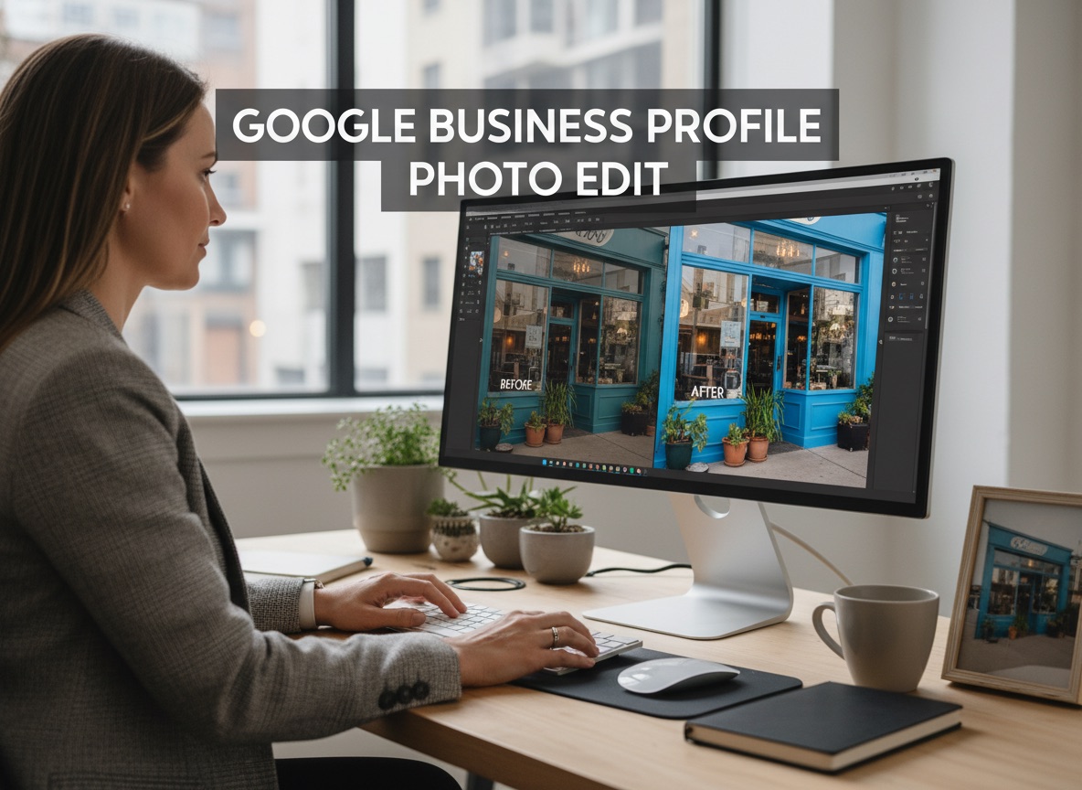 Eine Person bearbeitet Unternehmensfotos am Computer für das Google-Unternehmensprofil