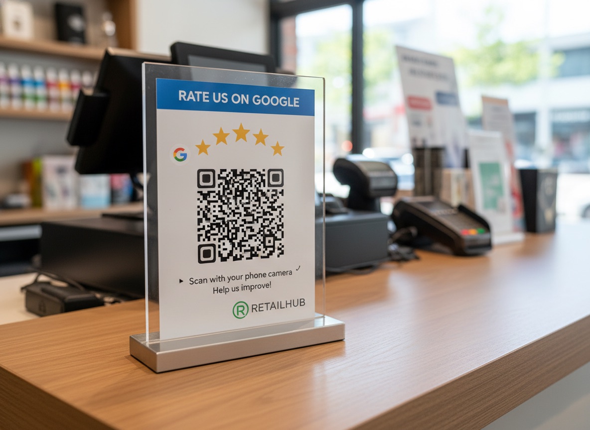 QR-Code an der Kasse mit dem Hinweis „Bewerten Sie uns auf Google“