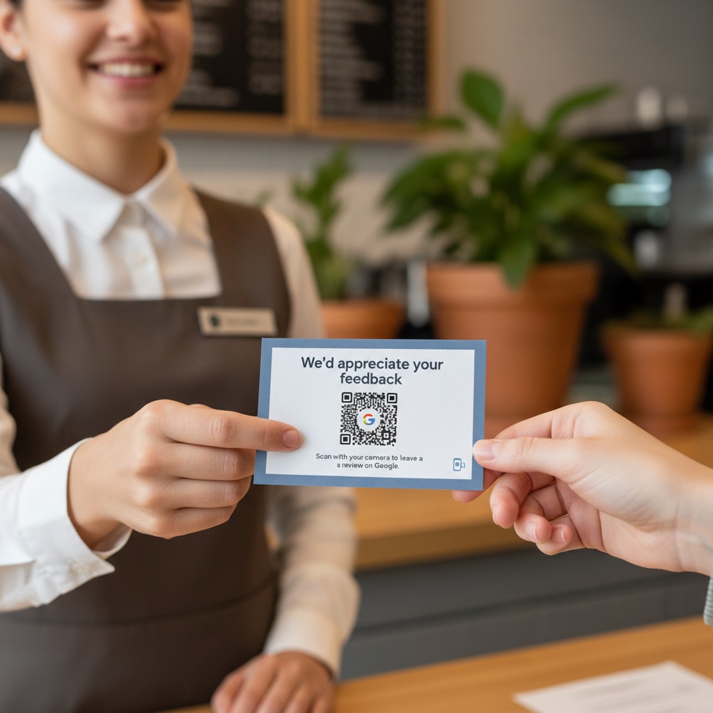 Ein Mitarbeiter überreicht einem Kunden eine Karte mit QR-Code für eine Bewertung