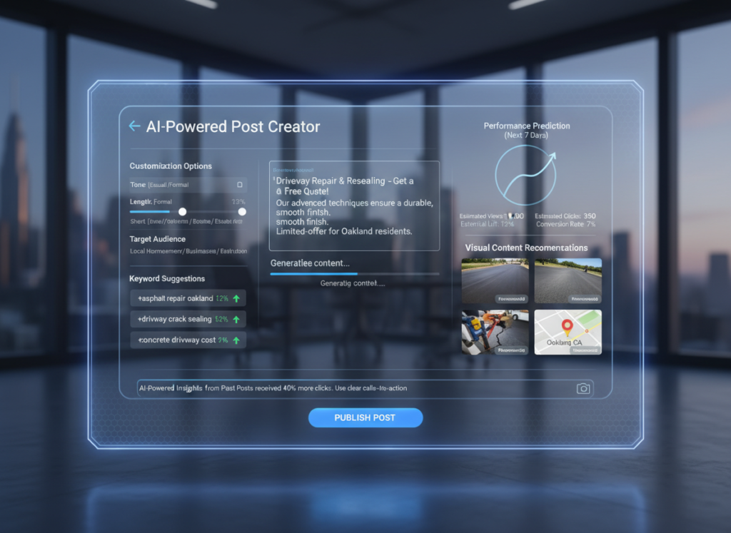 AI-powered Google Posts creation interface showing content generation and optimization