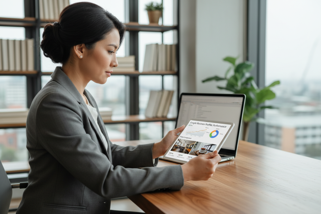 Business owner analyzing Google Business Profile image performance metrics