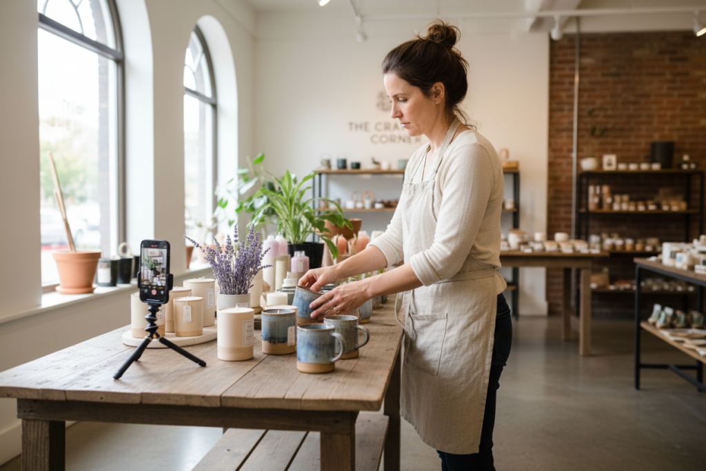 Business owner arranging products for Google Business Profile photo shoot