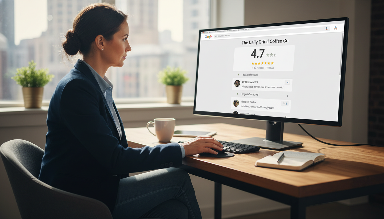Business owner checking Google reviews on computer showing the importance of Google review policy