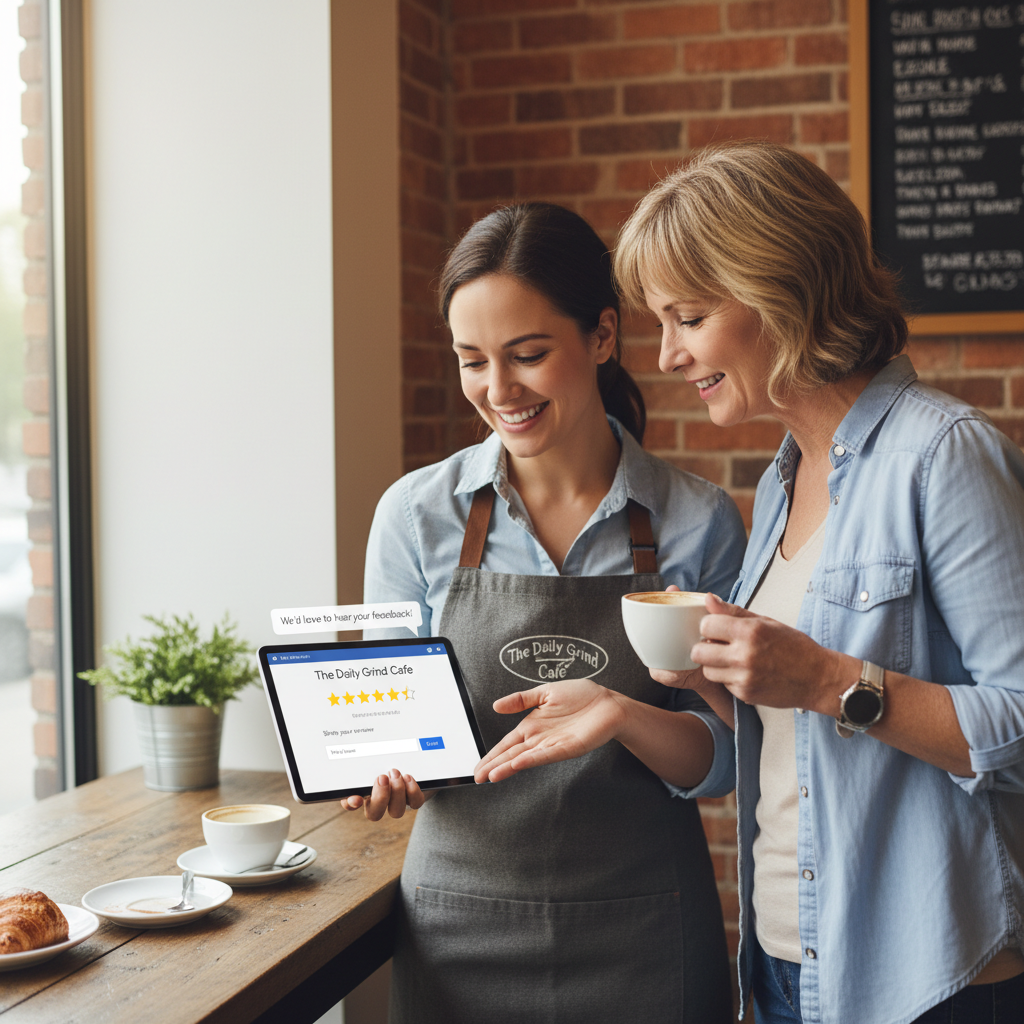 Business owner encouraging customer to leave review