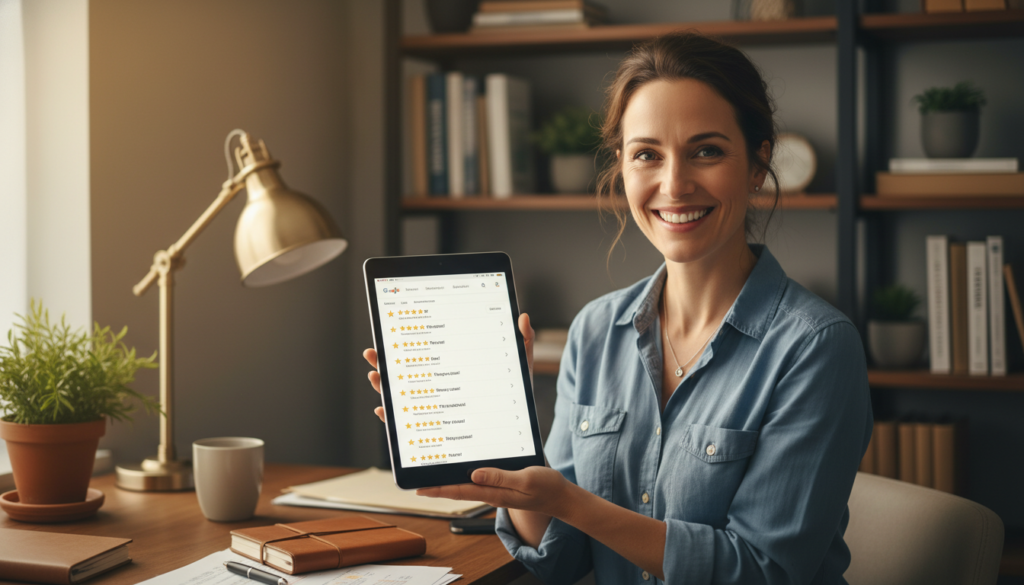 Business owner happily looking at positive Google reviews on a computer