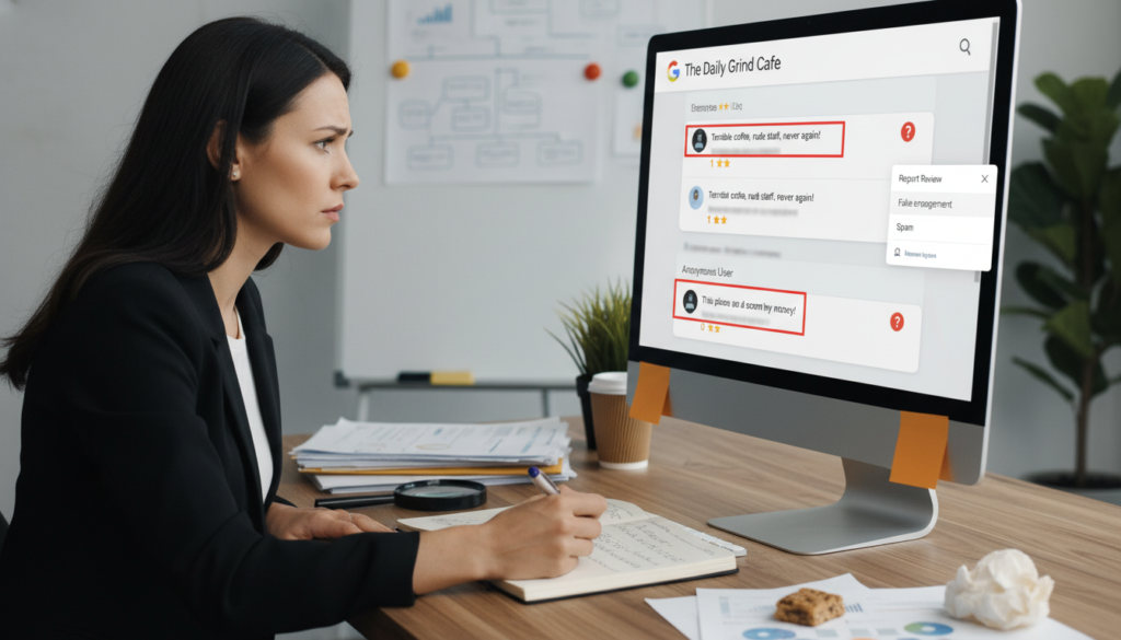 Business owner identifying and reporting fake reviews according to Google review policy