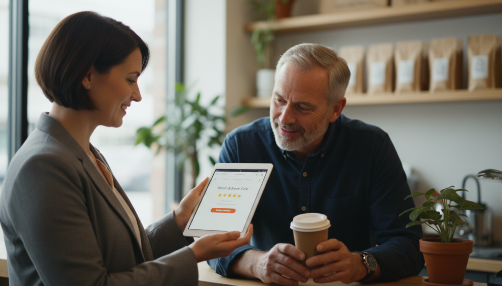 Business owner implementing compliant Google review practices by asking customers for feedback