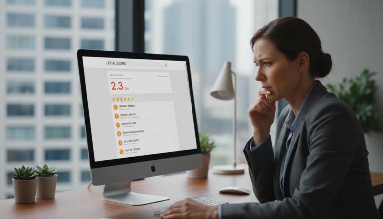 Business owner looking concerned at fake Google reviews on computer screen