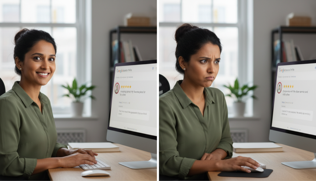 Business owner responding professionally to both positive and negative Google reviews