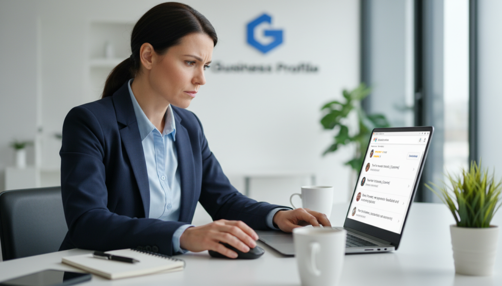 Business owner responding to Google Reviews on computer