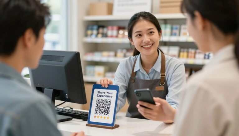 Business owner showing a customer how to scan a QR code for reviews at a checkout counter