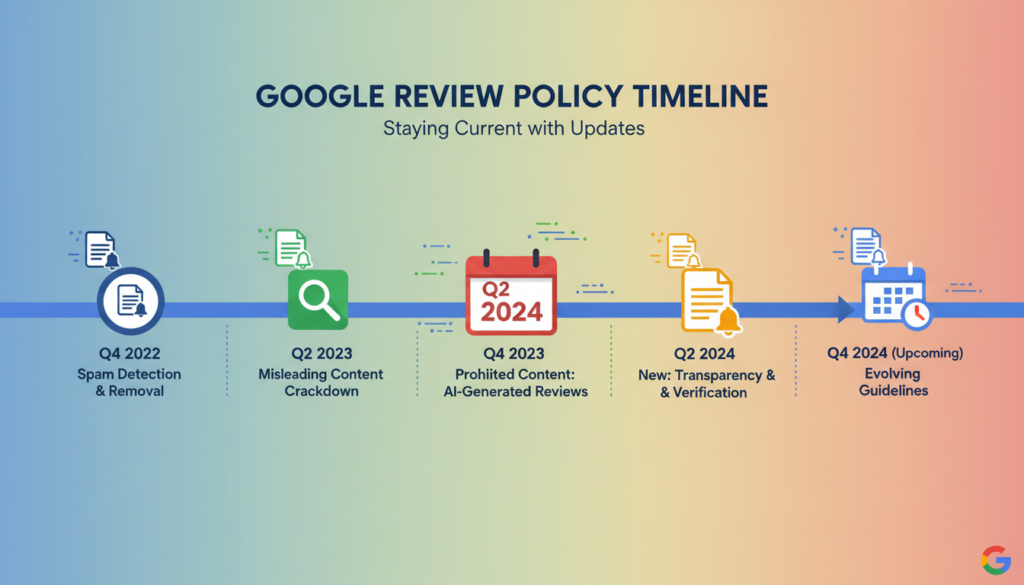 Calendar showing Google review policy updates and changes over time