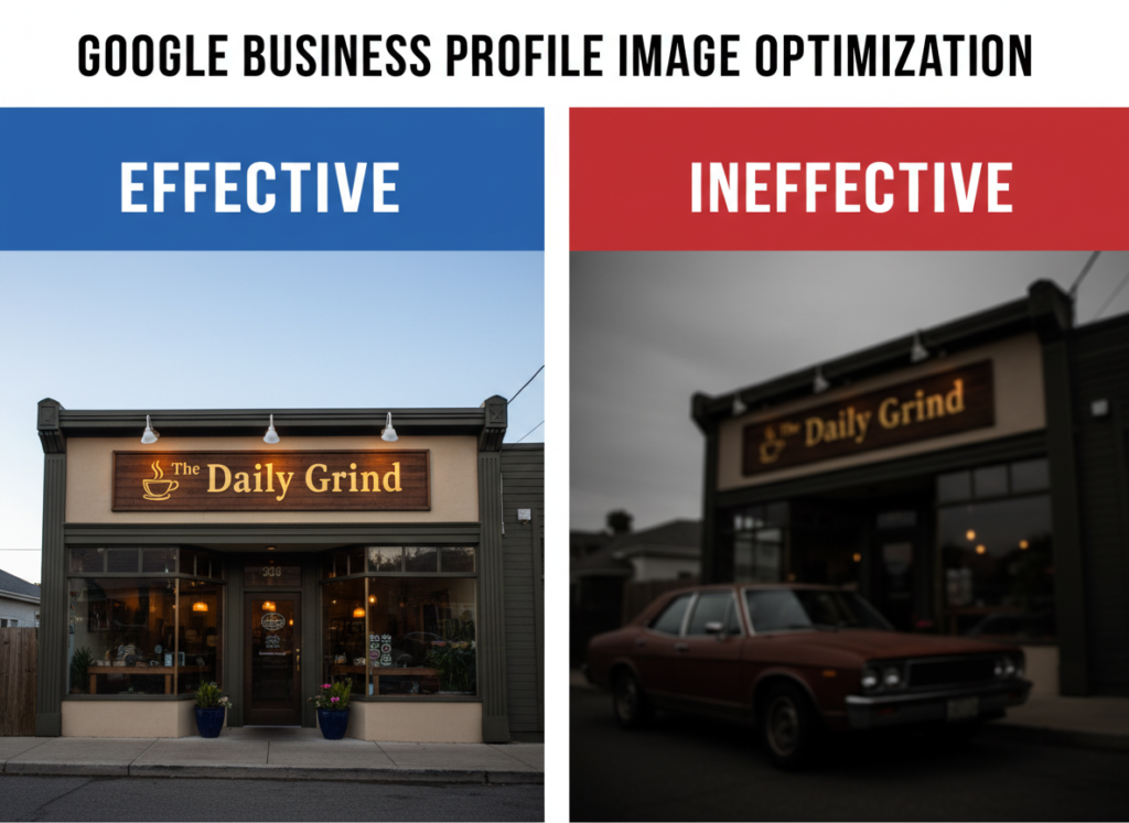 Comparison of good vs poor Google Business Profile image optimization