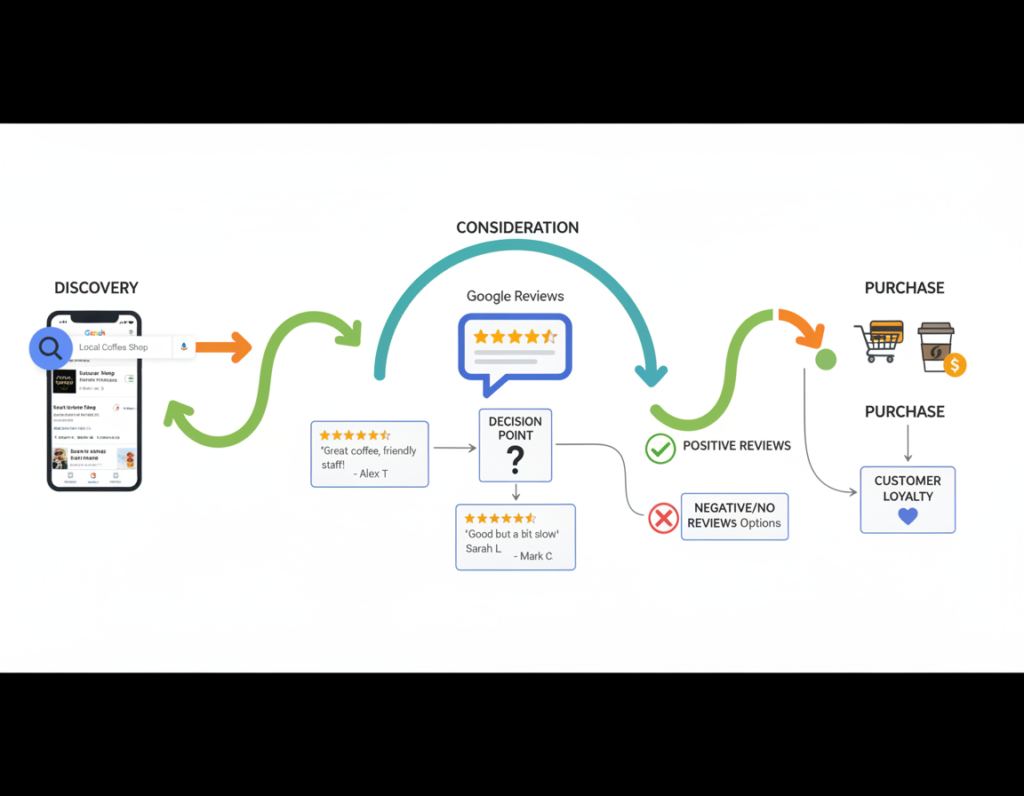 Customer journey showing how Google Reviews influence buying decisions
