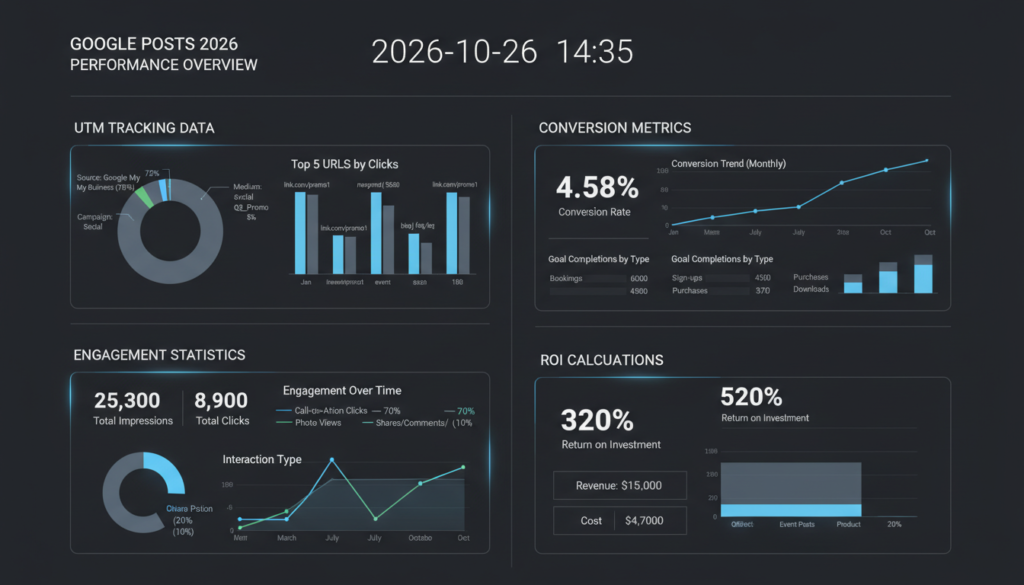 Dashboard showing Google Posts analytics with UTM tracking data and conversion metrics