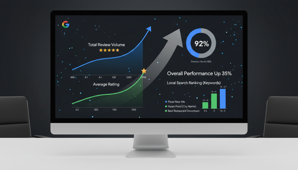 Dashboard showing Google Review metrics and local search ranking improvements