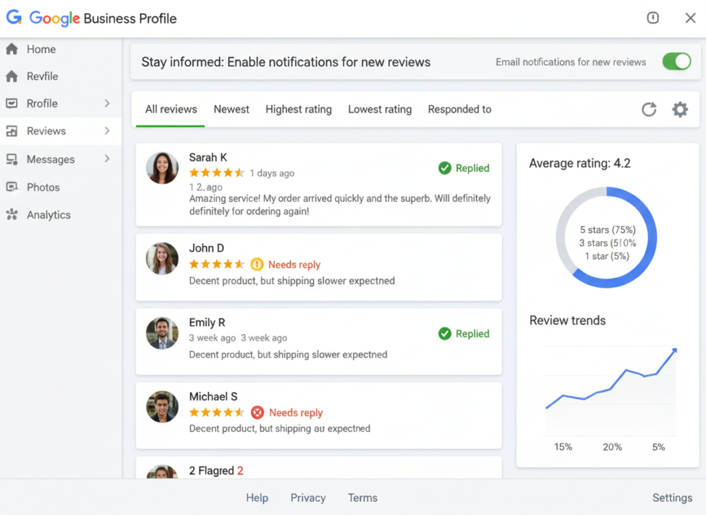 Dashboard showing Google Reviews monitoring system with notifications