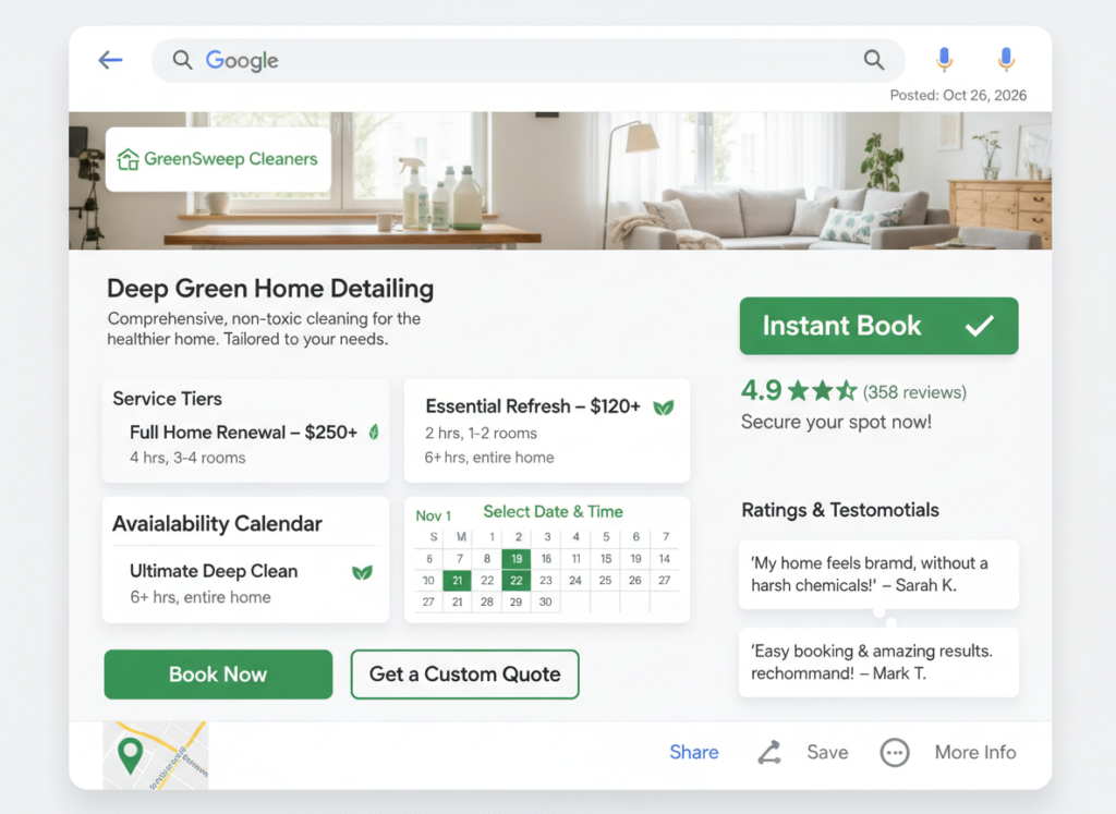 Example of a Service Highlight Post in Google Business Profile detailing service offerings with booking options
