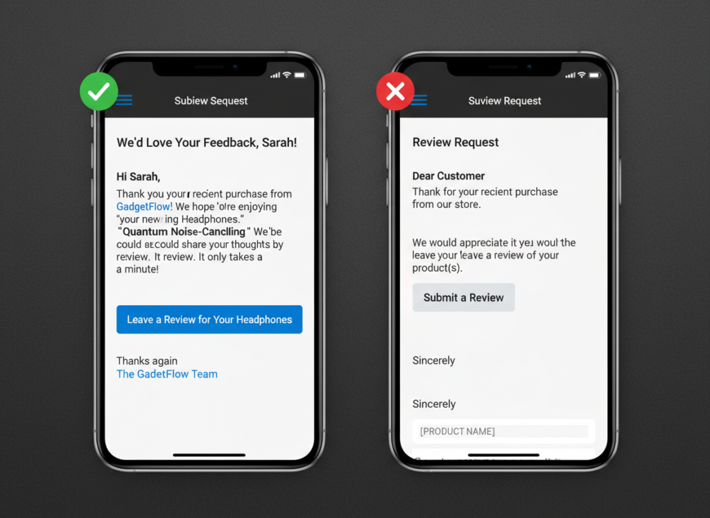 Example of personalized vs generic review requests showing higher response rates for personalized messages