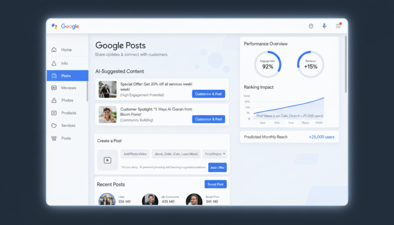 Google Posts interface showing the evolution from 2023 to 2026 with new features highlighted