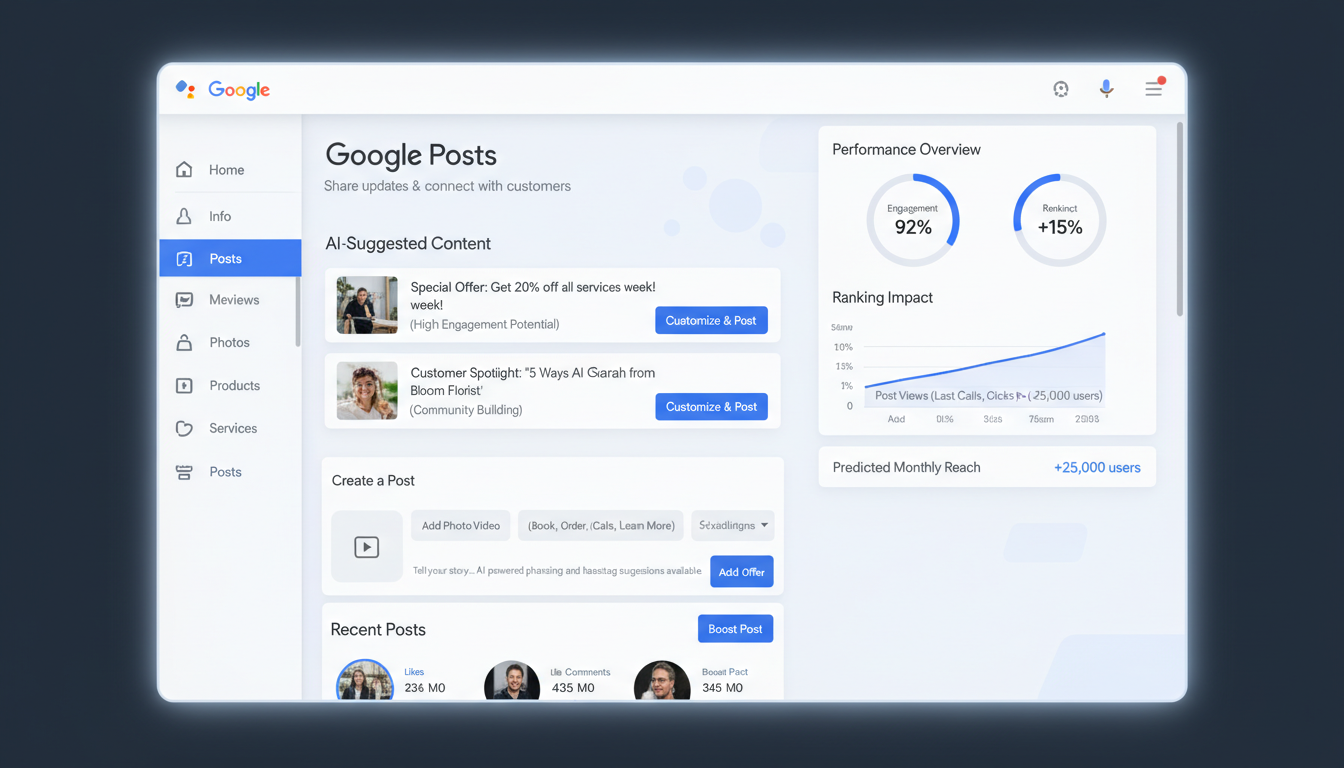 Google Posts interface showing the evolution from 2023 to 2026 with new features highlighted