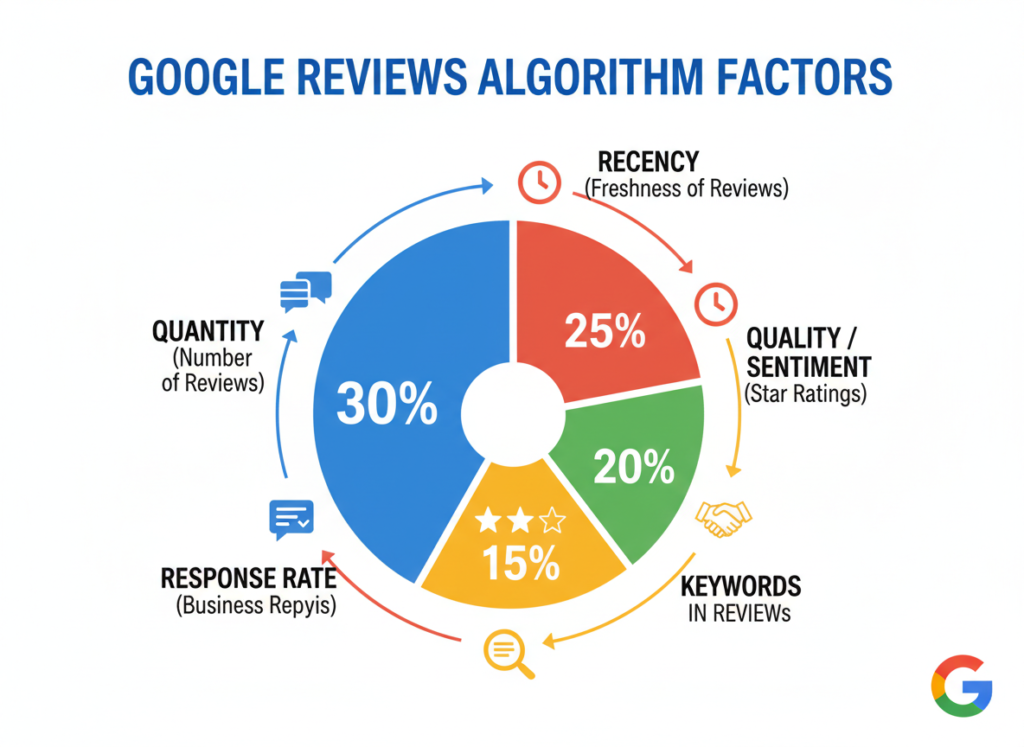 Google Reviews algorithm factors showing quantity, recency, and quality metrics