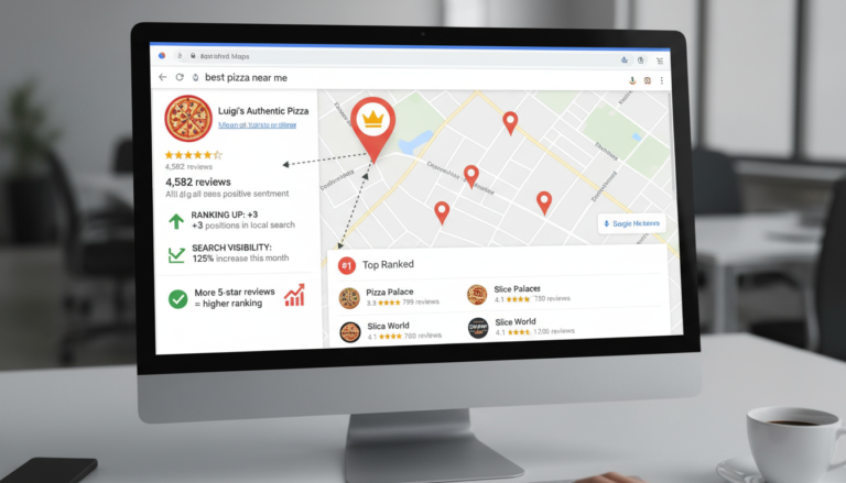Google Reviews impact on local search rankings showing a business listing with 5-star ratings