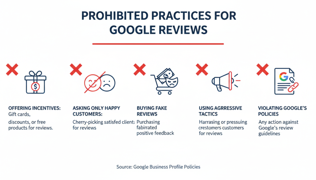 Infographic showing prohibited practices when requesting Google reviews
