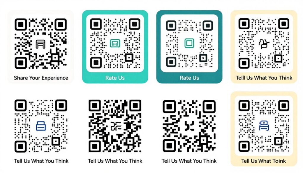 Multiple QR code designs for review collection with different styles and calls-to-action