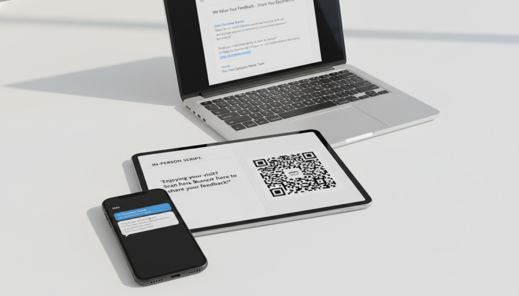 Multiple devices showing different review request formats (email, SMS, in-person)