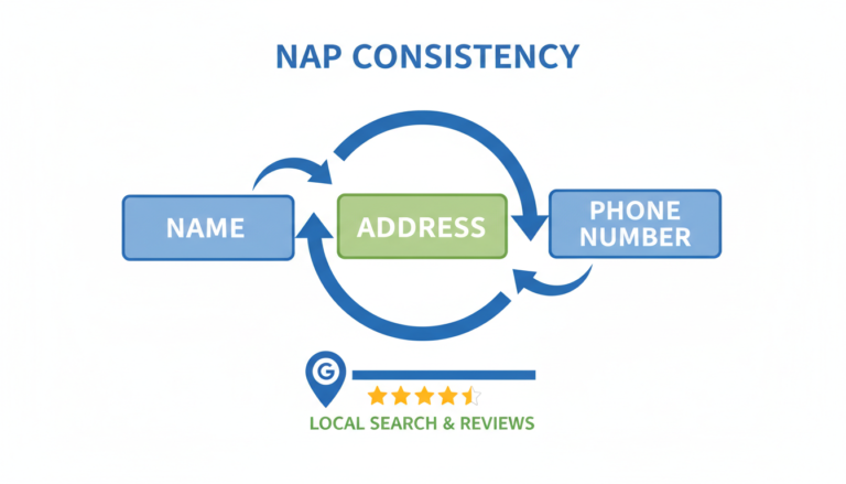 NAP Consistency diagram showing Name, Address, and Phone Number elements