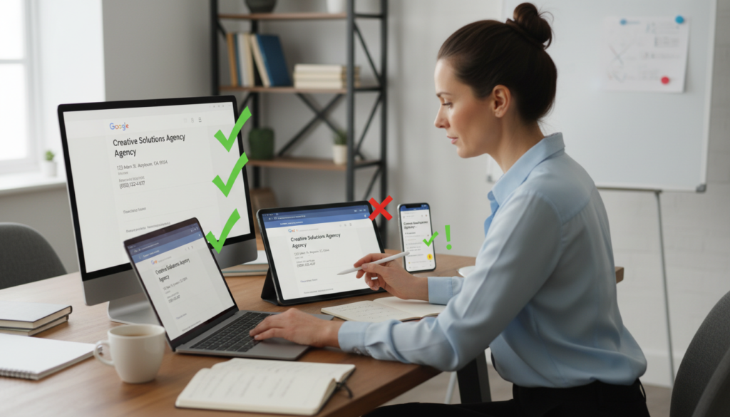 Person auditing NAP consistency across multiple devices