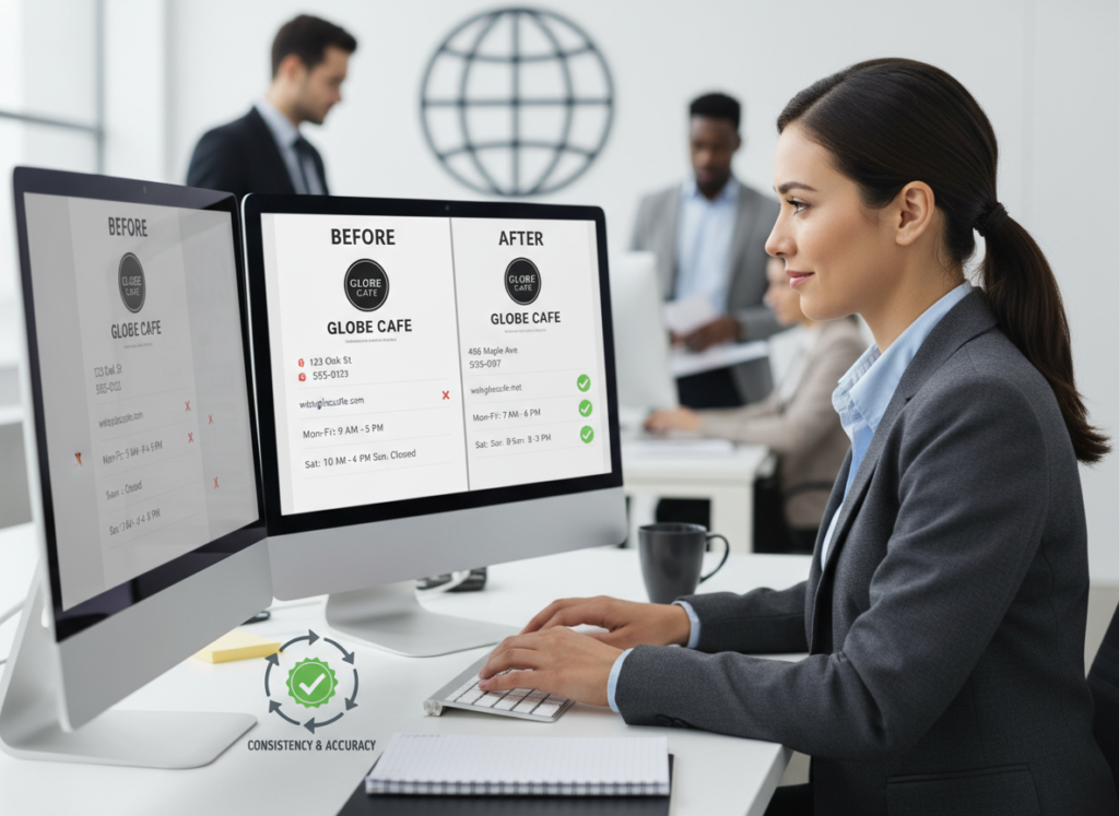 Person updating business information on a computer