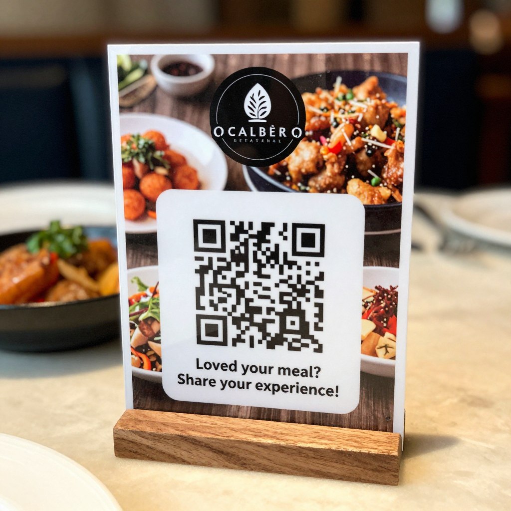 QR code on a restaurant table tent card for reviews