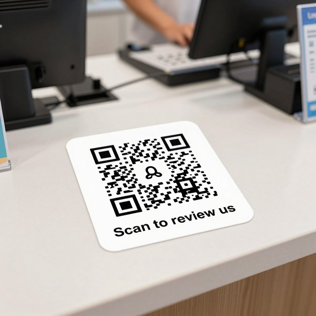 QR code sticker at retail checkout counter for reviews