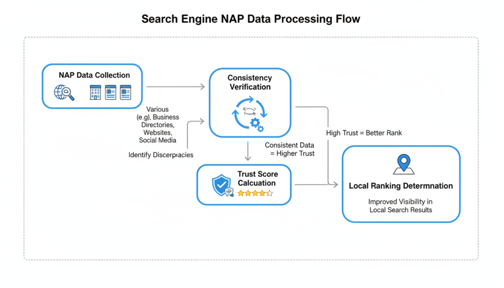 Search engine algorithm diagram showing how NAP consistency affects rankings