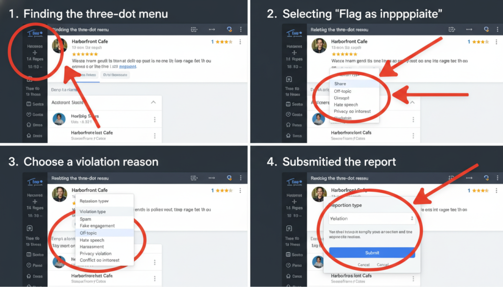 Step-by-step process of reporting a review violation in Google review policy