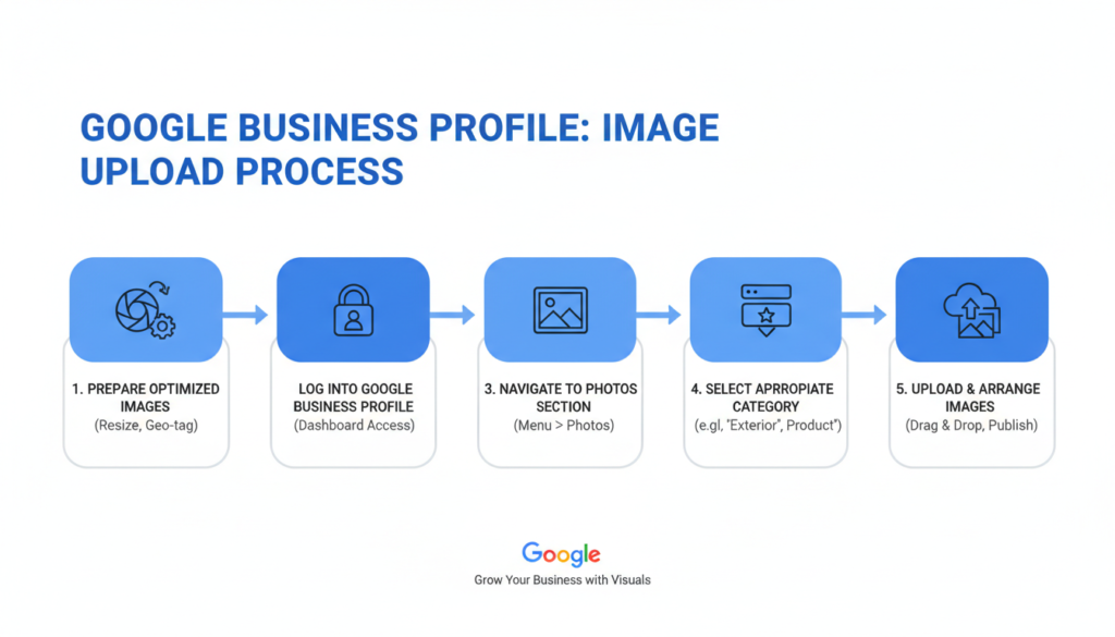 Step-by-step process of uploading images to Google Business Profile