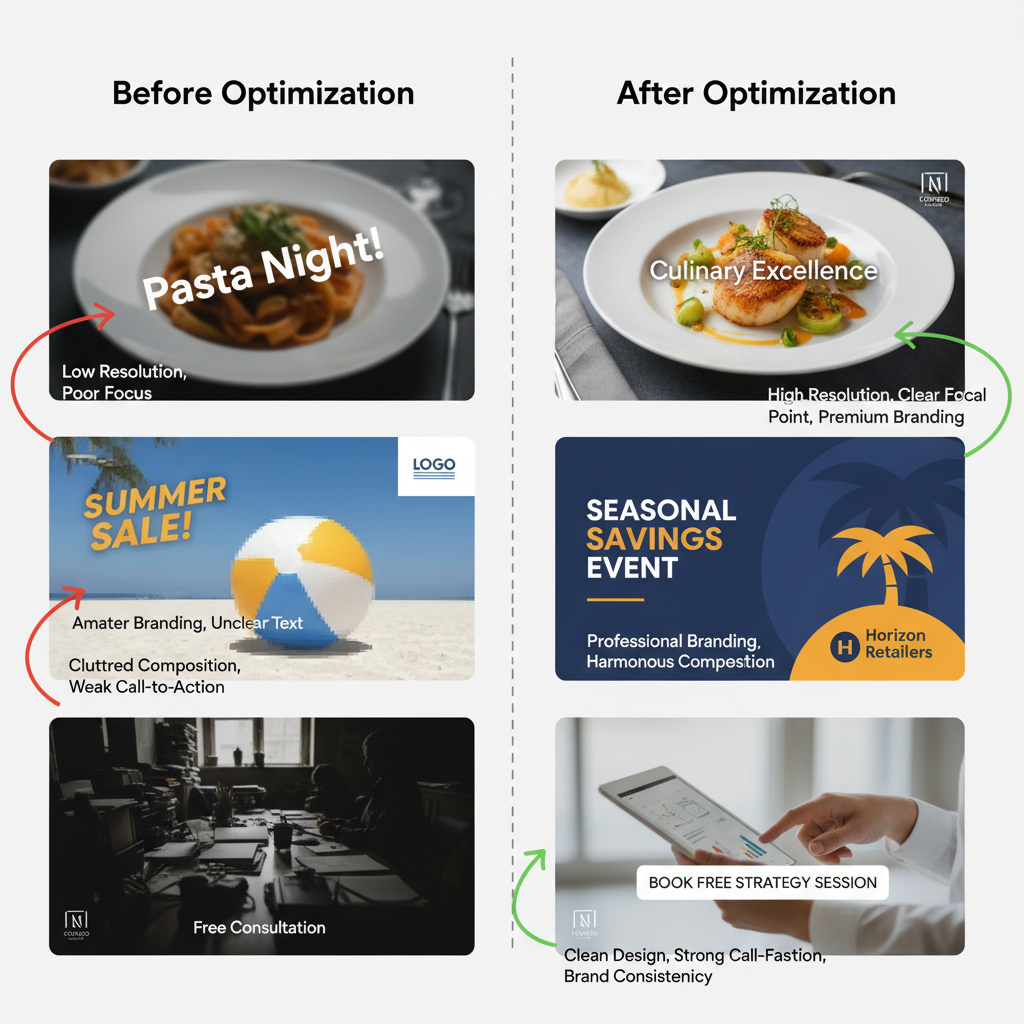 Visual content optimization examples for Google Posts showing before and after optimization